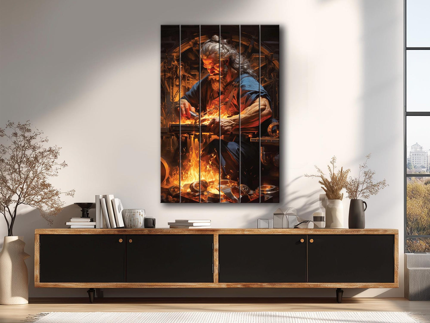 Hephaestus Wood Print – Rustic Blacksmith Wall Decor | Natural Wood Art Panel
