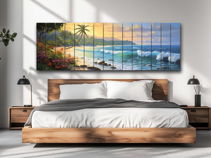 Beach Wood Wall Art – Tropical Beach Painting on Rustic Wood for Coastal Decor
