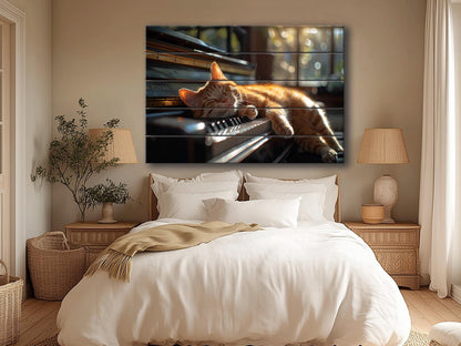 Wooden Wall Art – Orange Cat Sleeping On Piano | Natural Wood Print Decor