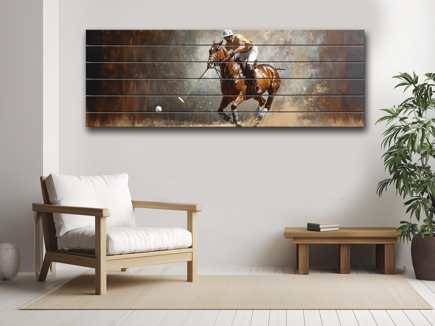 Abstract Polo Painting On Natural Wood – Outdoor Sports Wall Art