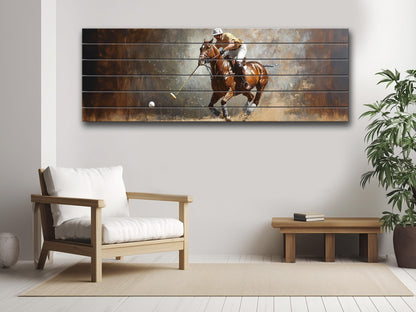 Abstract Polo Painting On Natural Wood – Outdoor Sports Wall Art
