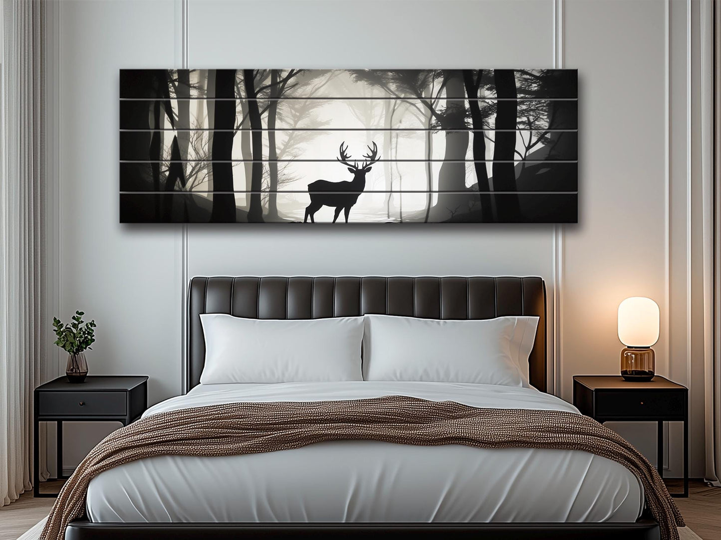 Deer Silhouette in Forest Print On Natural Wood, Woodland Wall Art