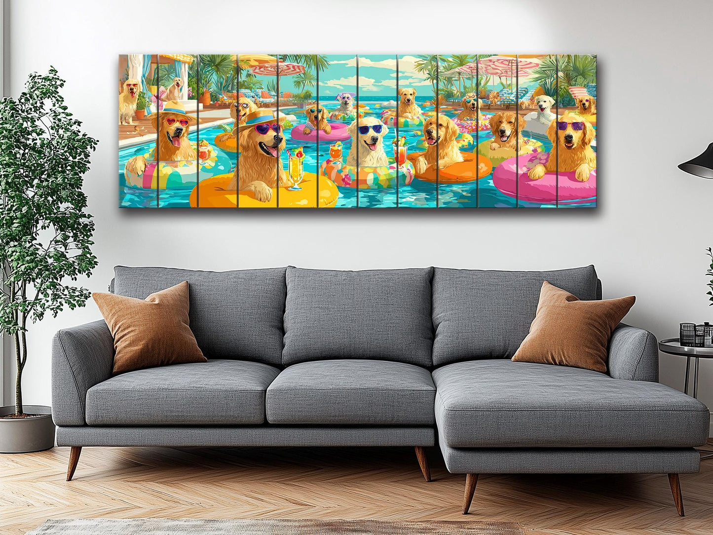 Golden Retriever Wall Art – Playful Pool Party Dog Print on Rustic Wood