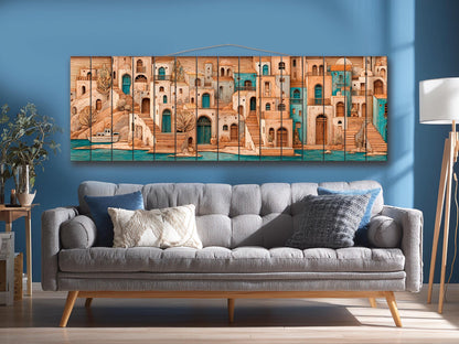 Mediterranean Wood Art - Rustic Coastal Wall Decor | Harbor Panorama Print