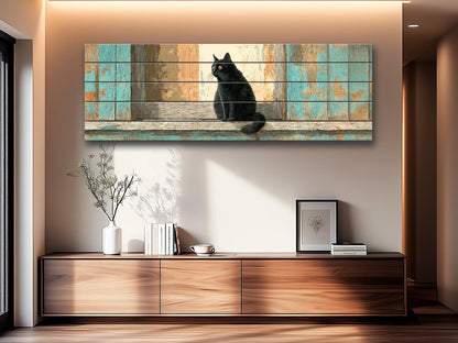 Black Cat Wood Art – Rustic Wood Print | Cozy Beige Aqua Wall Decor