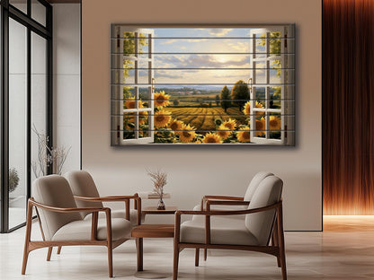 Wood Wall Art - Open Window Print with Sunflowers Field View Painting on Wood