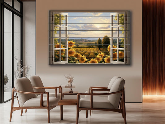 Wood Wall Art - Open Window Print with Sunflowers Field View Painting on Wood