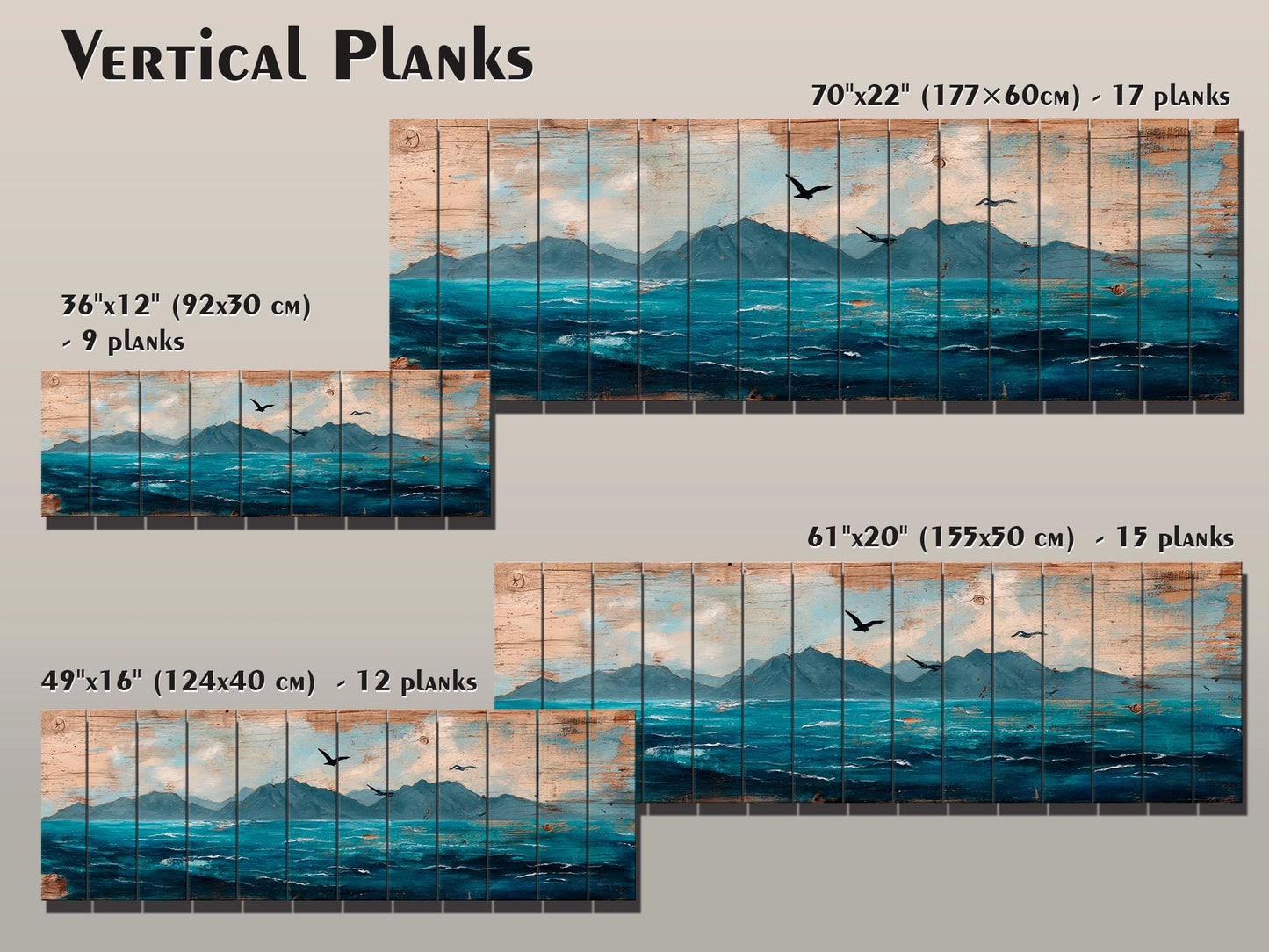 Scenic Wood Wall Art - Ocean with Mountains and Seagulls Painting Printed on Natural Wood, Nautical Wall Art, Rustic Sea Painting Print