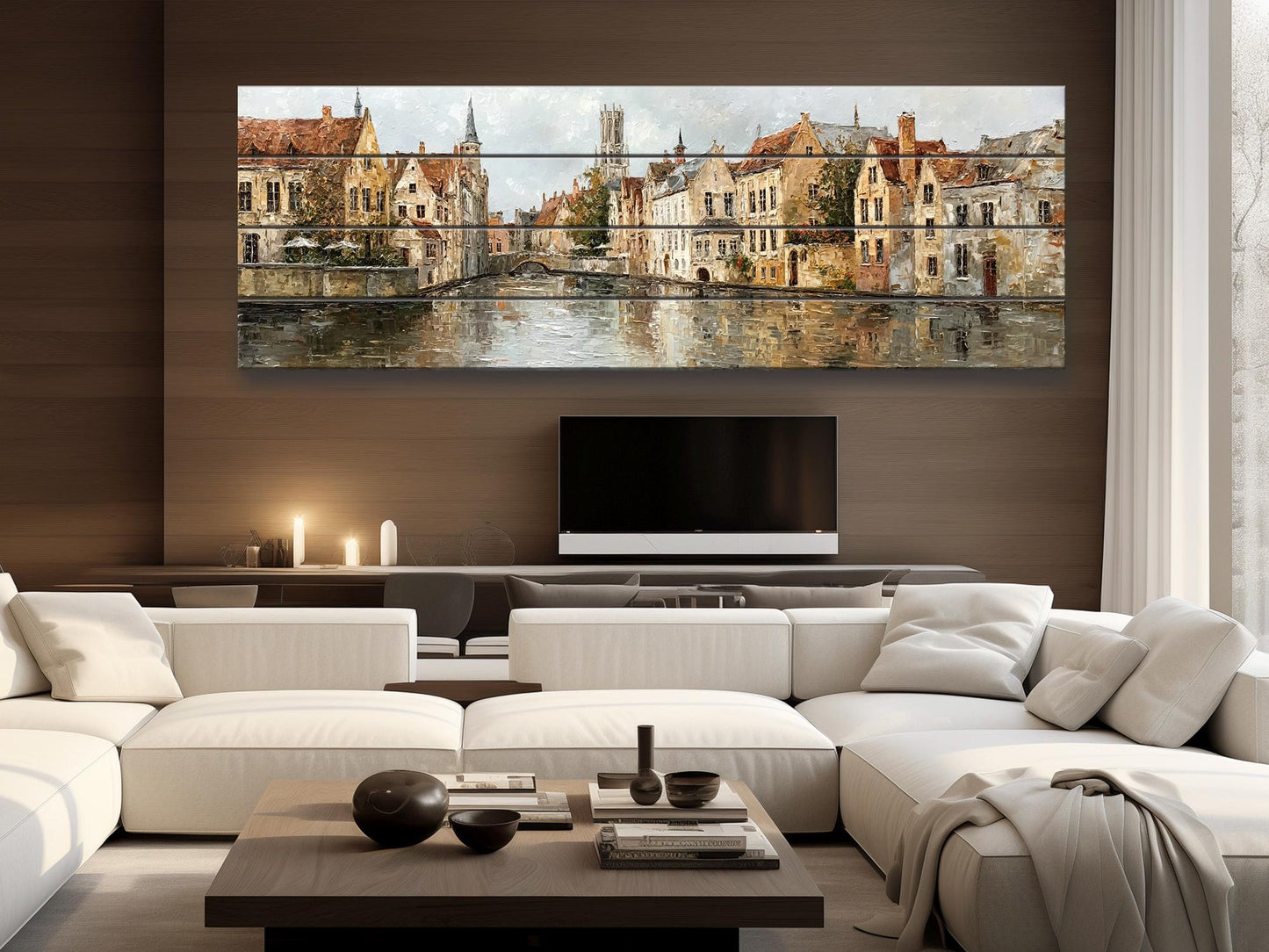 Bruges Canal Wood Print – Rustic Wall Art With Medieval Houses Painting & Beige Light