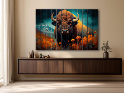 Rustic Wood Wall Art – Bison Abstract Painting on Natural Wood Planks