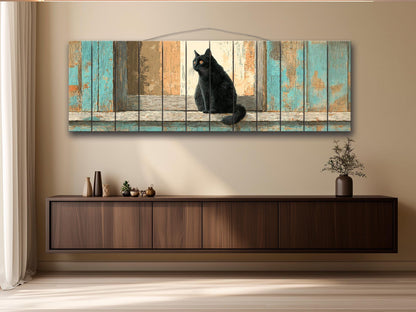 Black Cat Wood Art – Rustic Wood Print | Cozy Beige Aqua Wall Decor