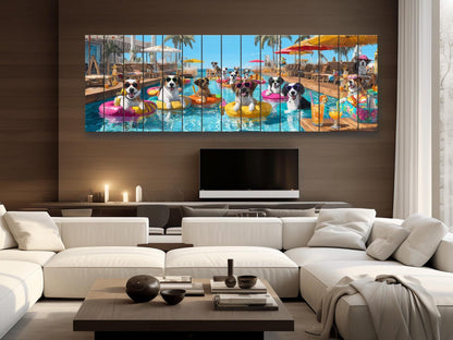 Dogs Tropical Pool Bar Print – Funny Summer Dog Wall Art on Wood Panel