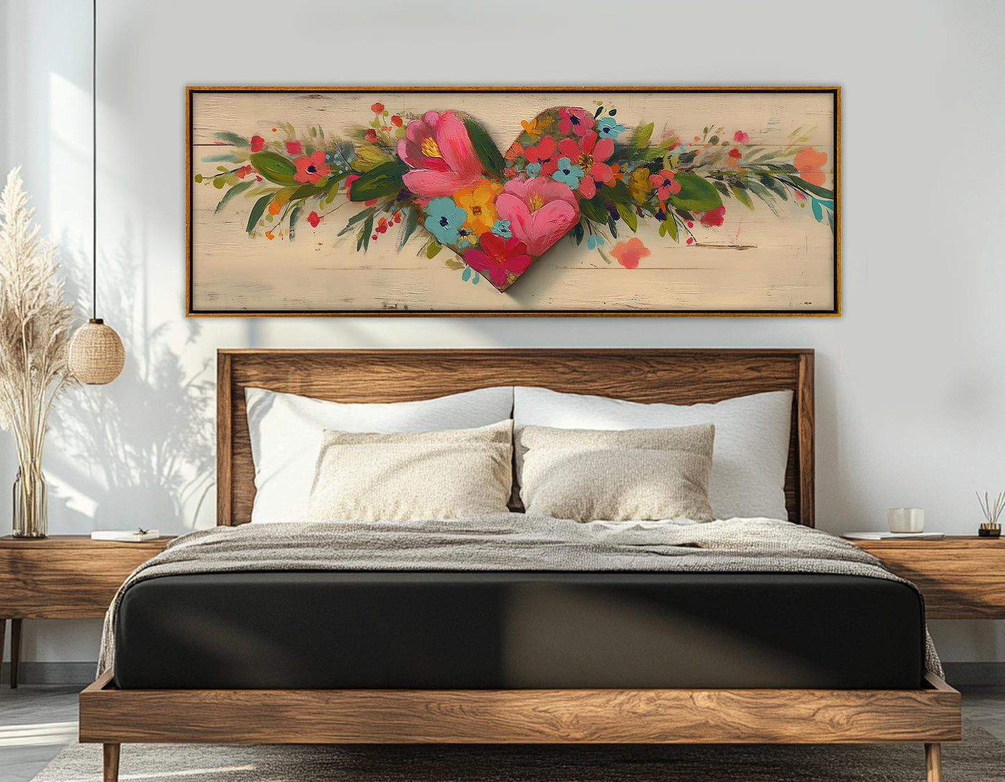 Rustic Floral Heart Canvas - Framed Gallery Wrapped Wall Art, Ready to Hang