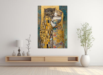 Cats Kiss Canvas Print - Gustav Klimt Style Romantic Cat Painting, Framed Art