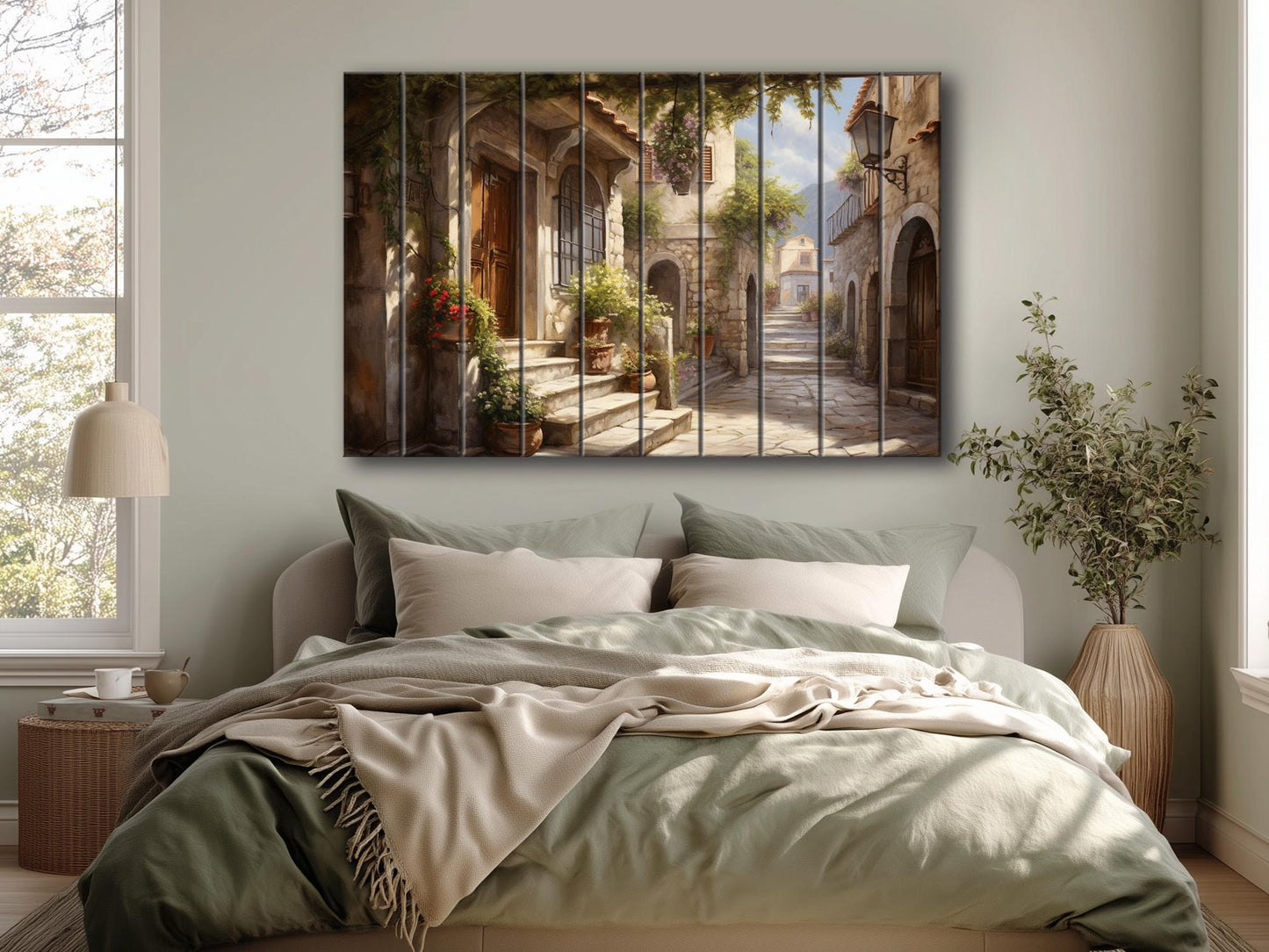 Italian Village Wall Art – Rustic Wood Plank Painting with Vibrant Italy Landscape Print