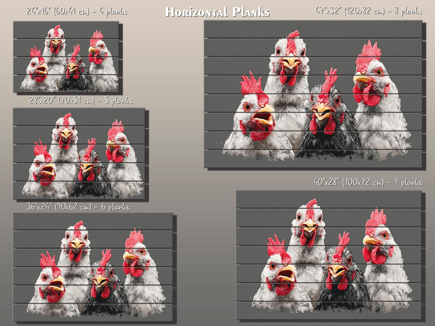 Happy Chickens Wood Print – Rustic Farmhouse Wall Art | Wood Plank Artwork
