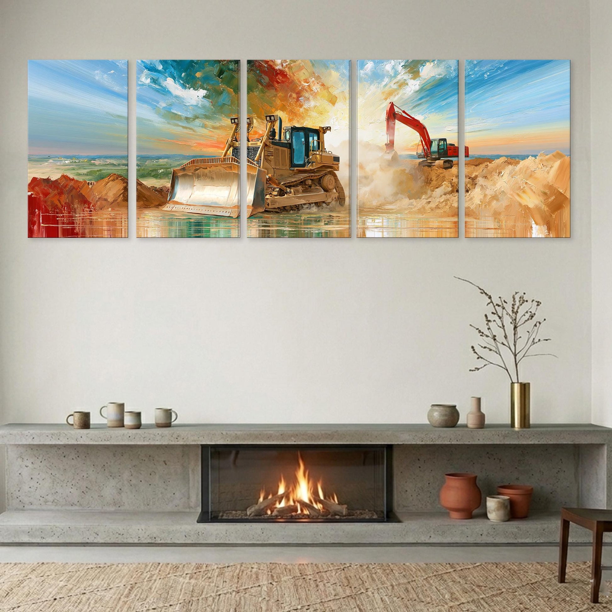 The image is a collage of five panels depicting a construction scene, including a bulldozer and a crane, with a fireplace and decorative items in the foreground.