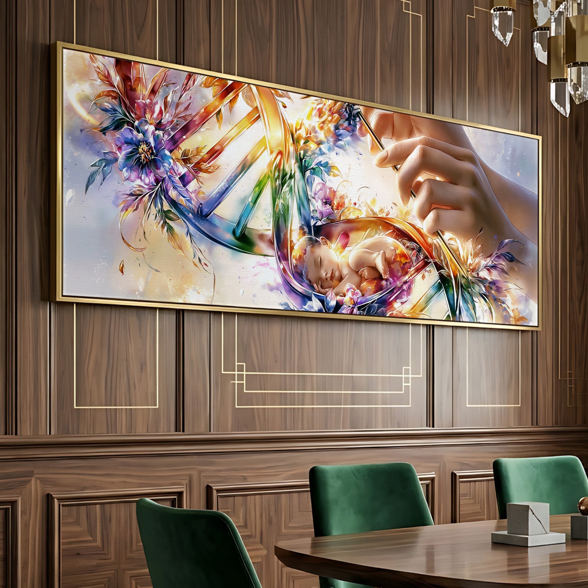 a large, colorful painting of a DNA double helix hanging on a wooden wall.