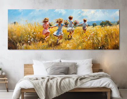 Joyful Kids Canvas – Running Children Flower Field Wall Art | Framed Ready to Hang
