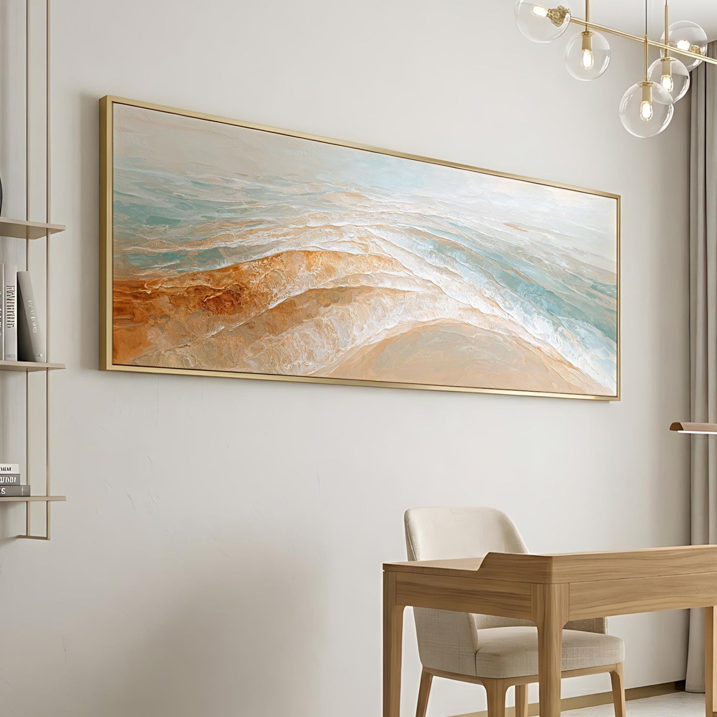 a large, abstract painting hanging on a white wall above a wooden desk with a chair.