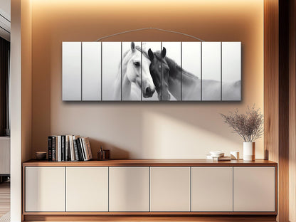 Wooden Wall Art – Black and White Horses Couple Print on Natural Wood Planks