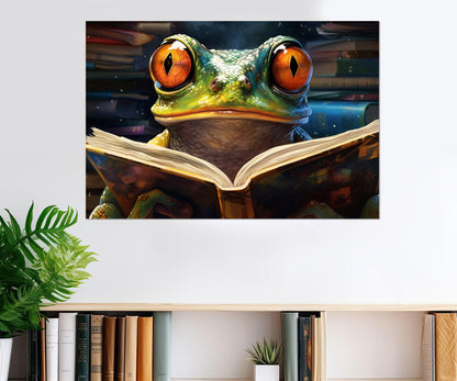 Frog Reading Book Abstract Painting Canvas Print, Kids Room Decor, Nursery Wall Art, Framed and Ready to Hang