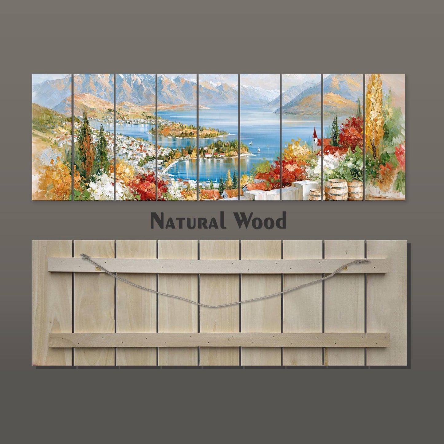 The image is a collage of multiple images depicting a scenic landscape with mountains, a lake, and colorful foliage. The collage is titled "Natural Wood" and is displayed on a wooden board.