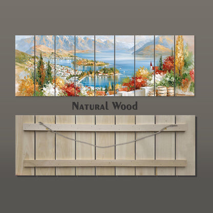 The image is a collage of multiple images depicting a scenic landscape with mountains, a lake, and colorful foliage. The collage is titled "Natural Wood" and is displayed on a wooden board.