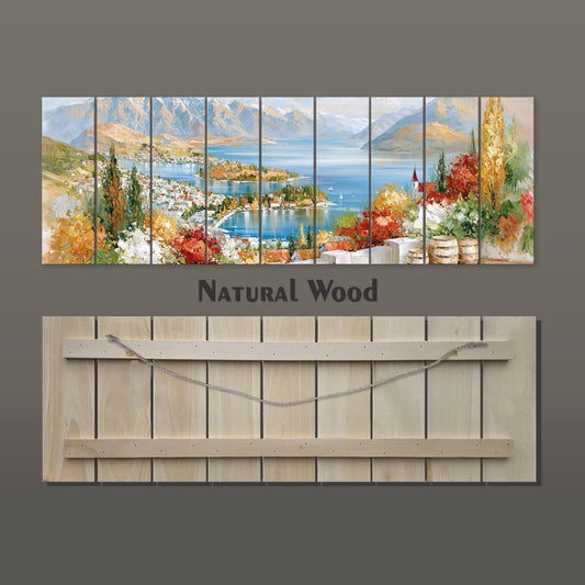 The image is a collage of multiple images depicting a scenic landscape with mountains, a lake, and colorful foliage. The collage is titled "Natural Wood" and is displayed on a wooden board.