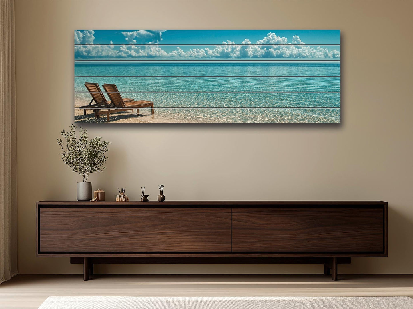 Scenic Beach with Deck Print on Natural Wood – Coastal Wall Art