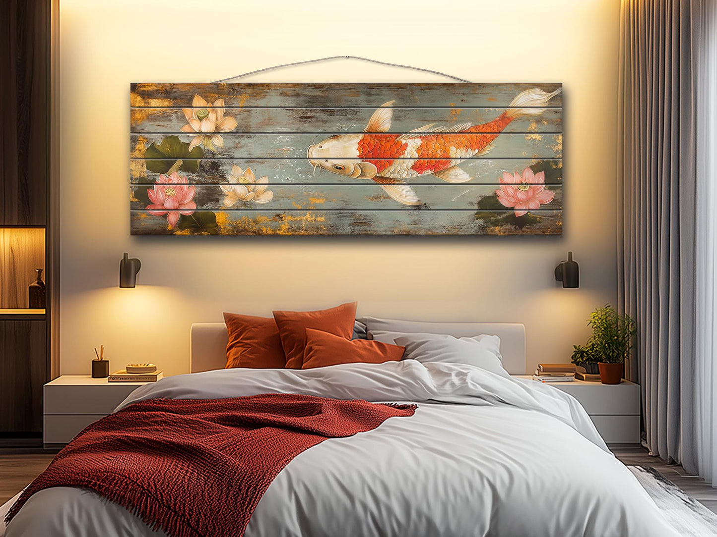Wood Wall Art - Koi Fish Painting Printed on Wood, Fishing Wall Art, Koi Fish Poster, Fisherman Gift, Cabin Wall Decor, Fishing Lodge Decor