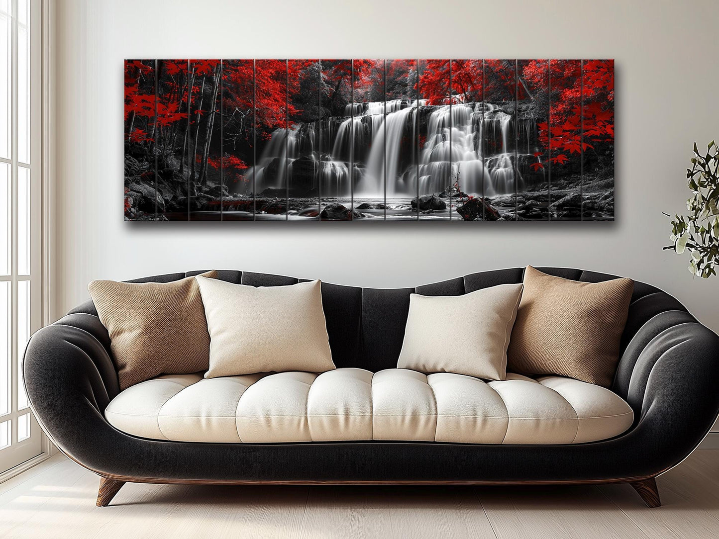 Wood Wall Art – Abstract Black White Waterfall Red Forest Print on Natural Wood