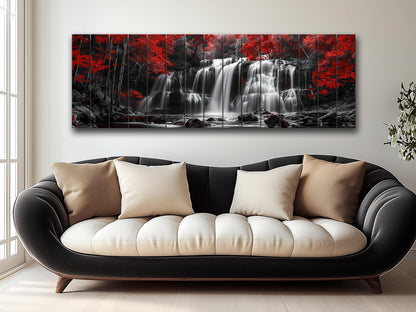 Wood Wall Art – Abstract Black White Waterfall Red Forest Print on Natural Wood