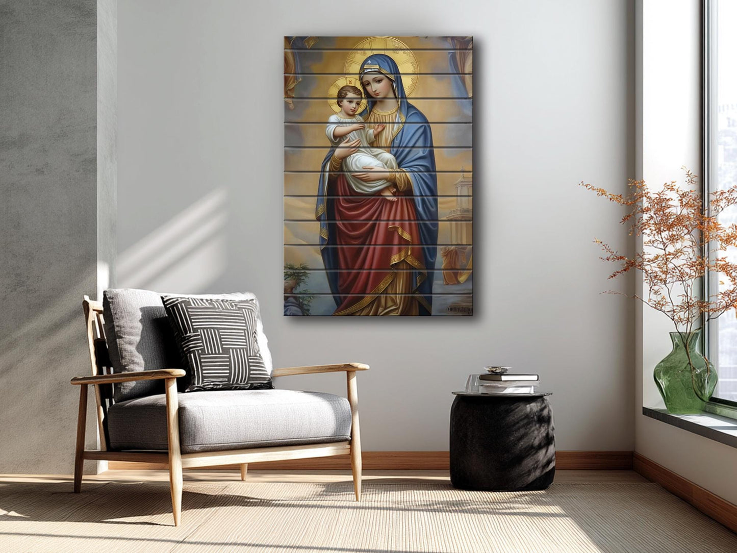 Virgin Mary Wall Art – Natural Wood Plank Art | Christian Wall Decor Print