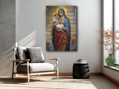 Virgin Mary Wall Art – Natural Wood Plank Art | Christian Wall Decor Print