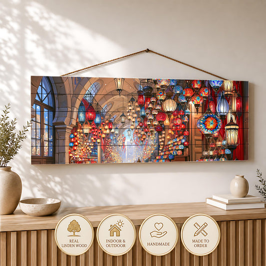 a large, colorful painting of a room with numerous hanging lanterns, displayed on a wall above a wooden shelf with decorative items.