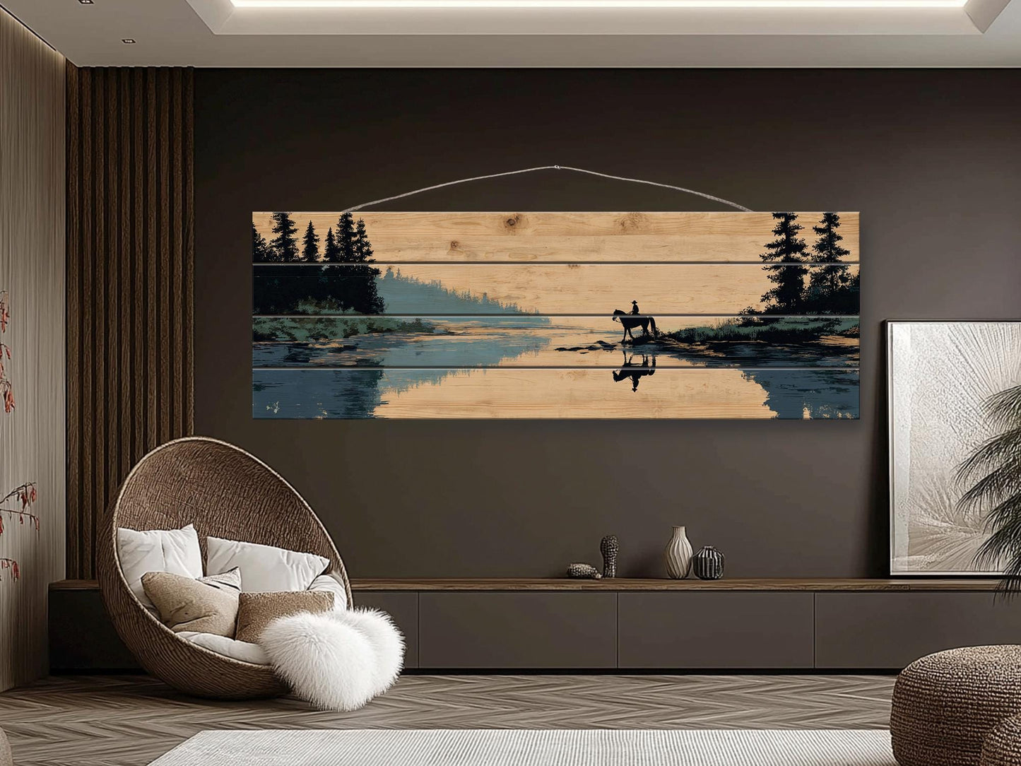 Horse and Rider Wood Print – Rustic River Wall Art with Natural Wood Texture
