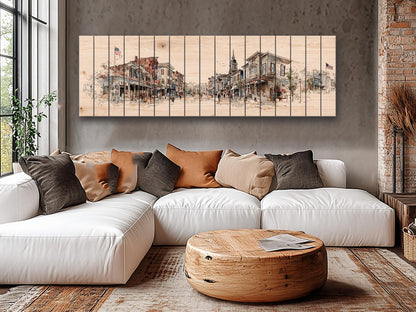 Vintage Americana Wall Art – Main Street Print on Wood with Rustic Farmhouse Charm