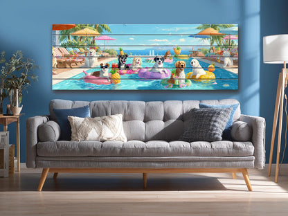Dog Pool Wall Art – Colorful Summer Dog Print on Natural Wood – Playful Party Scene