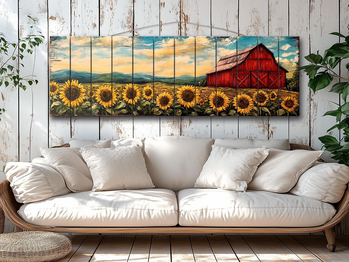 Rustic Wooden Wall Art – Old Red Barn on Sunflowers Field Print, Natural Wood Decor