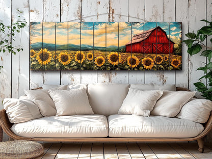 Rustic Wooden Wall Art – Old Red Barn on Sunflowers Field Print, Natural Wood Decor