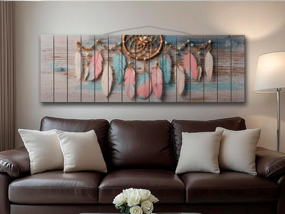 Rustic Wood Wall Art - Boho Dreamcatcher with Feathers and Beads Print on Natural Wood, Bedroom Painting, Boho Wall Art, Bedroom Wall Decor
