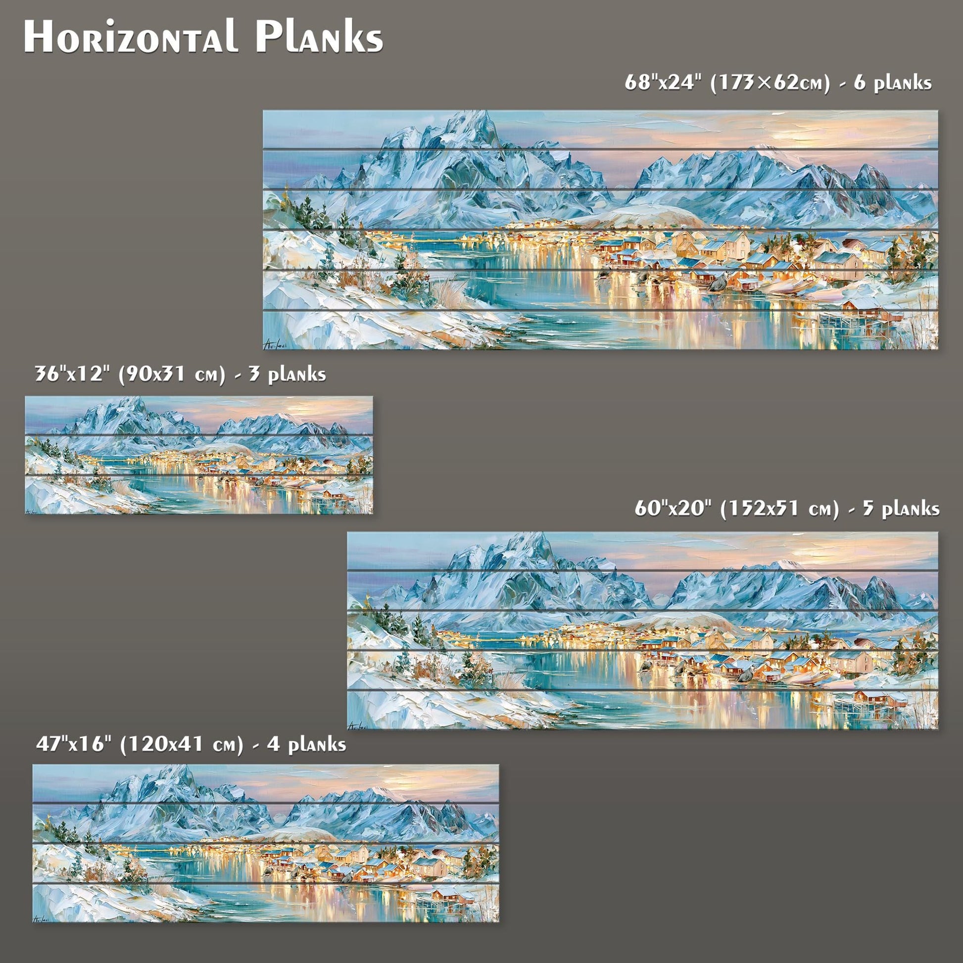 four different images of a snowy mountain landscape, each depicting a different perspective of the same scene. The images vary in size and resolution, ranging from 36x12" (9031 cm) to 60°20" (152 51 cm) in size. The images are arranged in a grid format, showcasing the different angles and distances from which the pictures are taken.