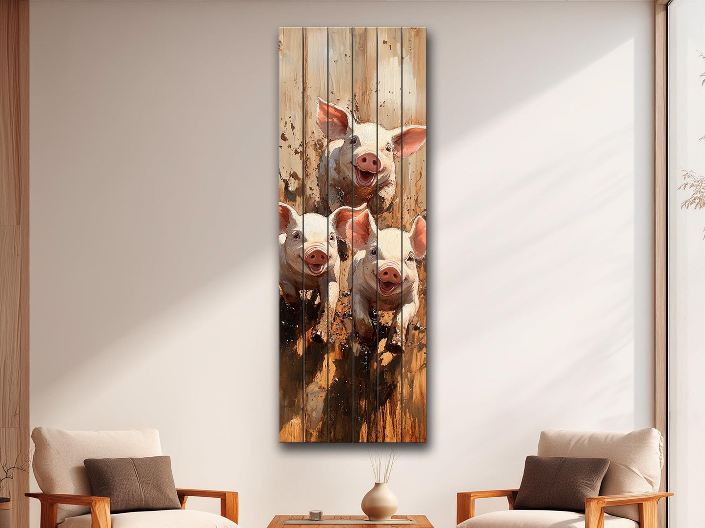 Playful Piglets in Muddy Pen Painting Printed on Natural Wood – Farm Animal Print on Rustic Linden Wood with Sunshine and Country Colors