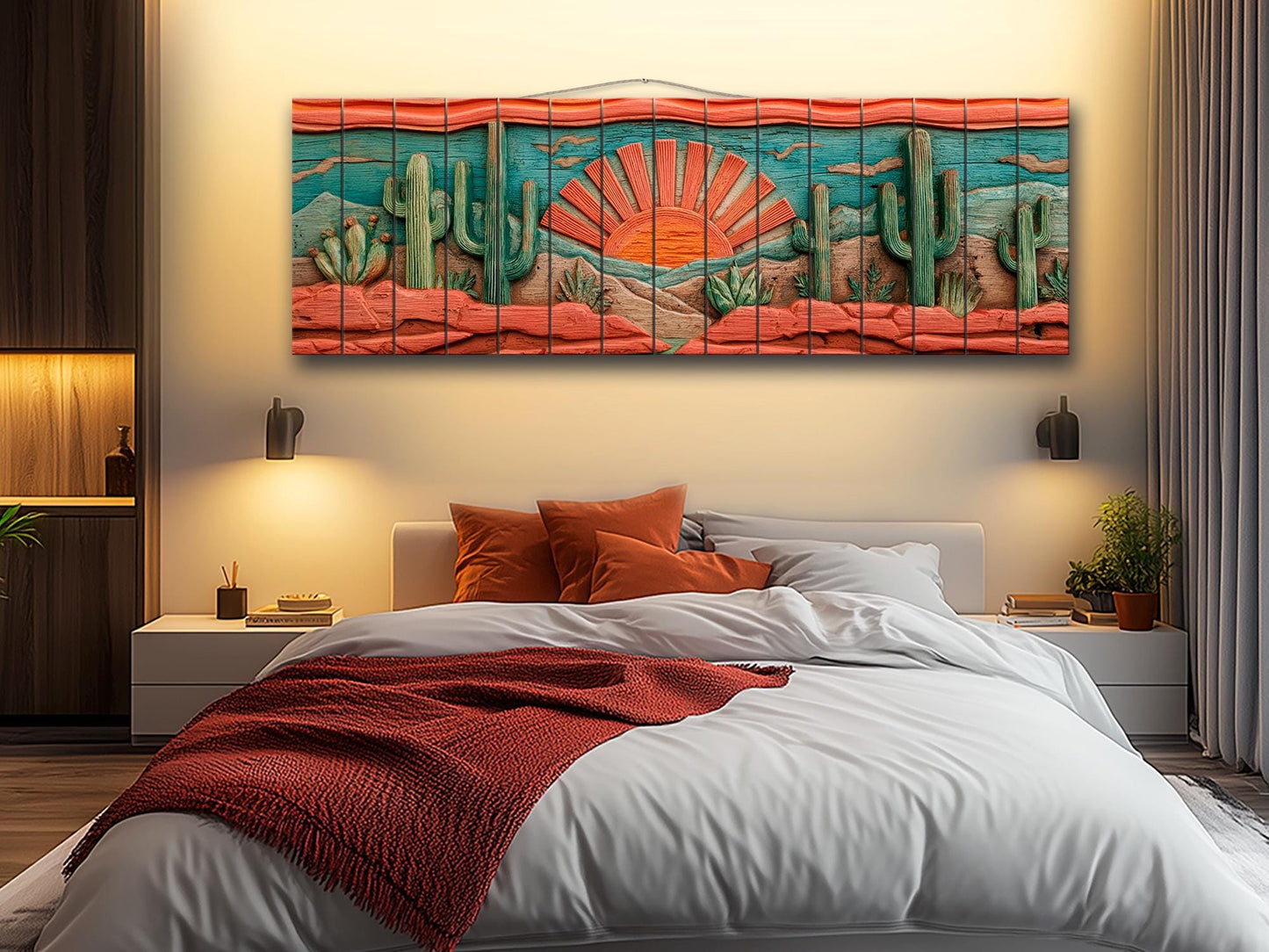 Arizona Desert Wood Print with Cactus and Sun, Rustic Vintage Southwest Wall Art