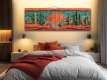 Arizona Desert Wood Print with Cactus and Sun, Rustic Vintage Southwest Wall Art