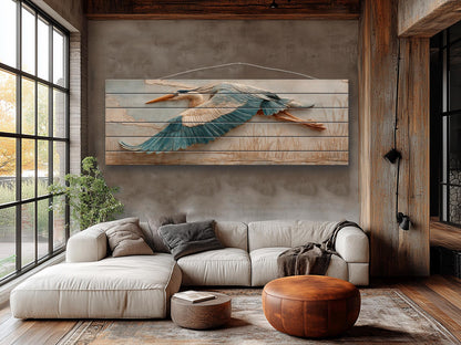 Heron Wood Wall Art - Rustic Nature Decor | Elegant Bird Poster on Wood Plank