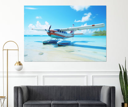 Maldives Beach Canvas Seaplane Wall Art – Framed Floating Frame, Ready to Hang