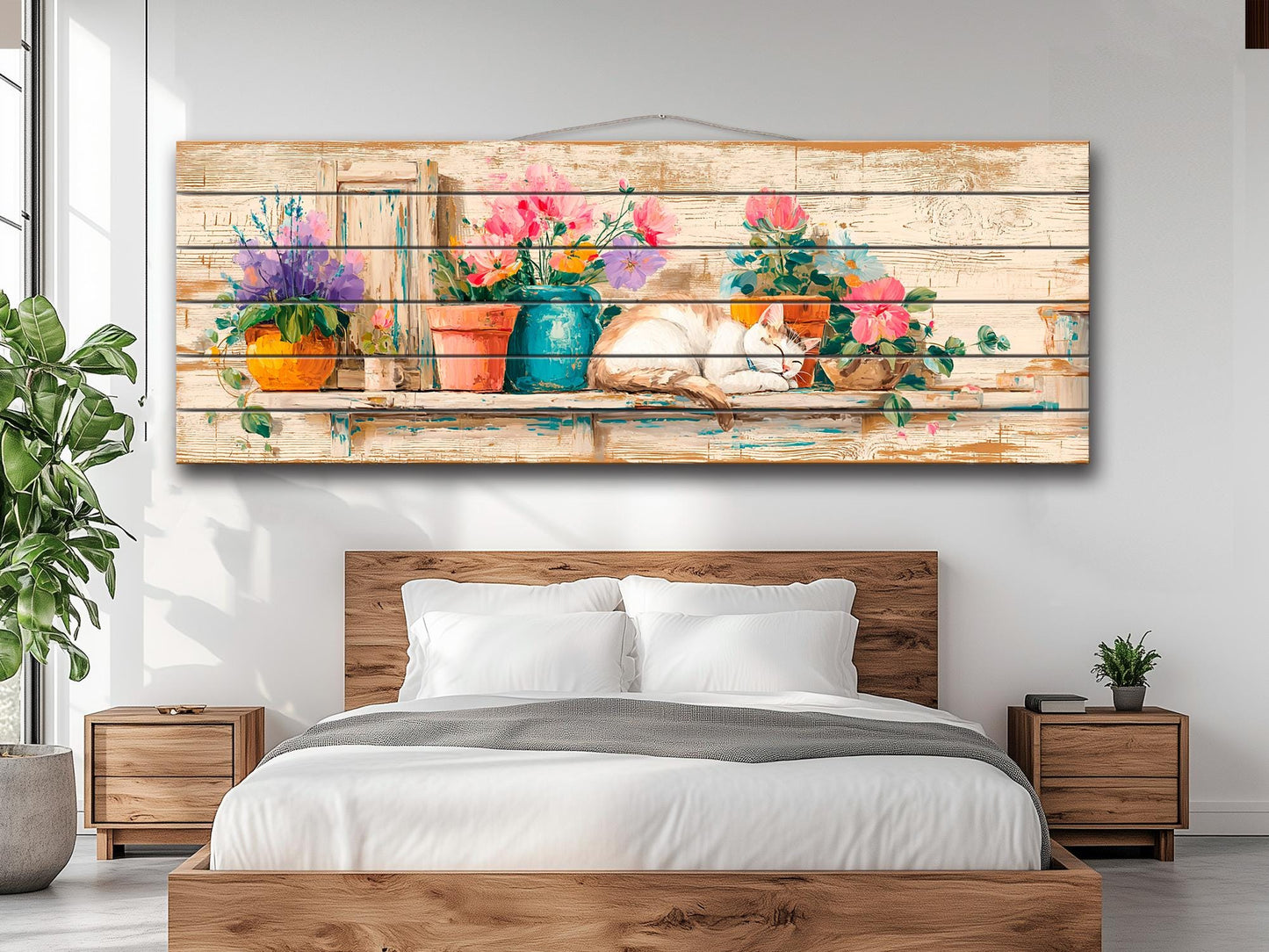 Wood Wall Art – Cozy Sleeping Cat Painting on Natural Wood Plank | Rustic Floral Decor