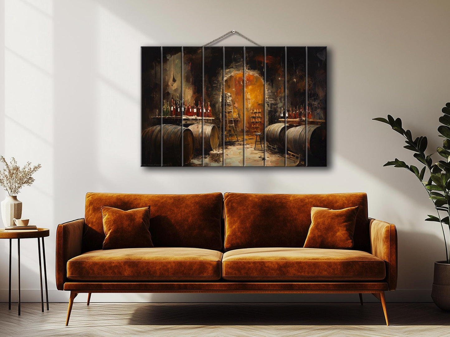 Wood Wall Art - Rustic Wine Cellar Painting on Natural Wood Plank Art